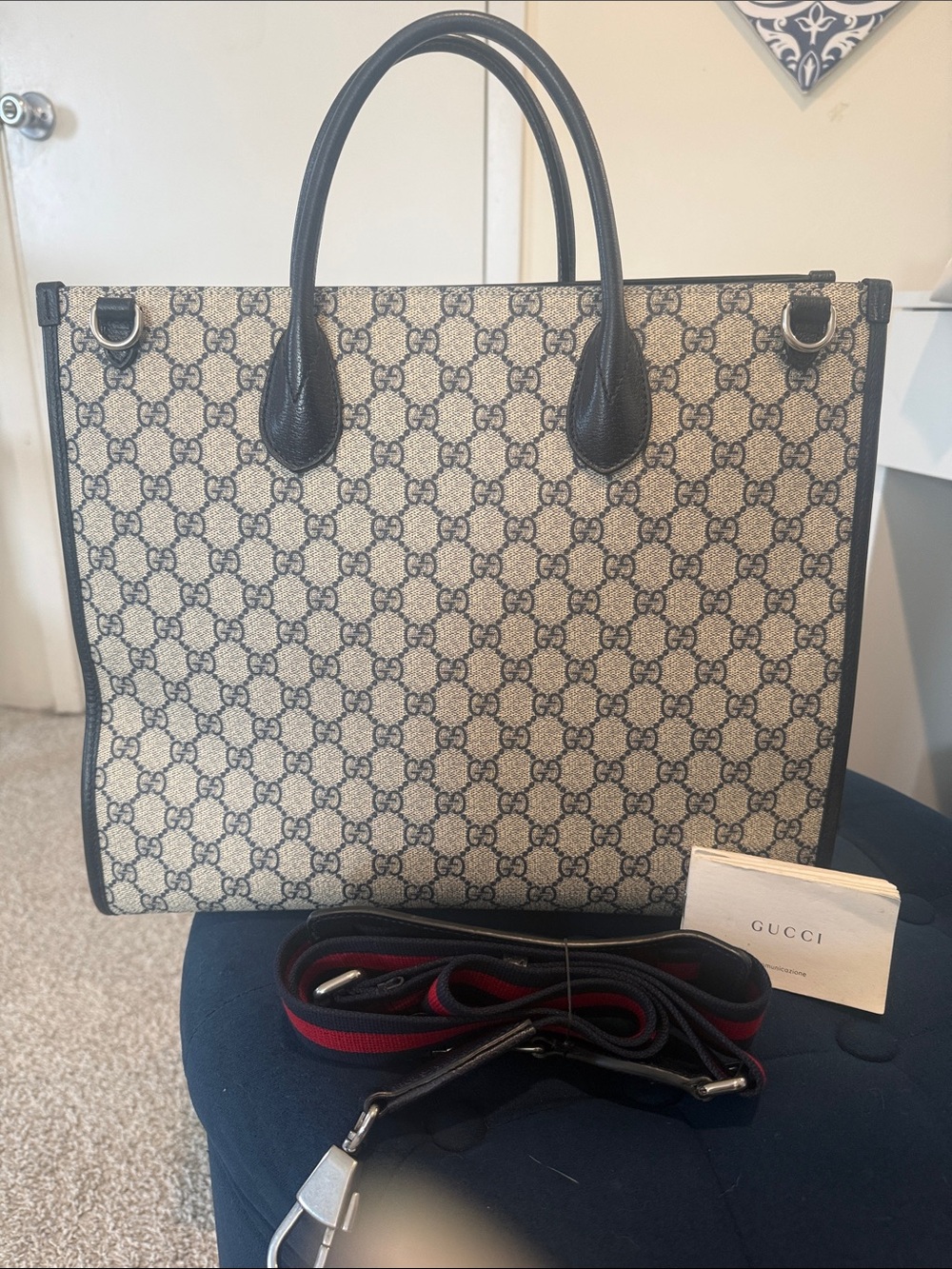 Gucci Beige GG Supreme Tote with Black Trim and Red-Striped Strap